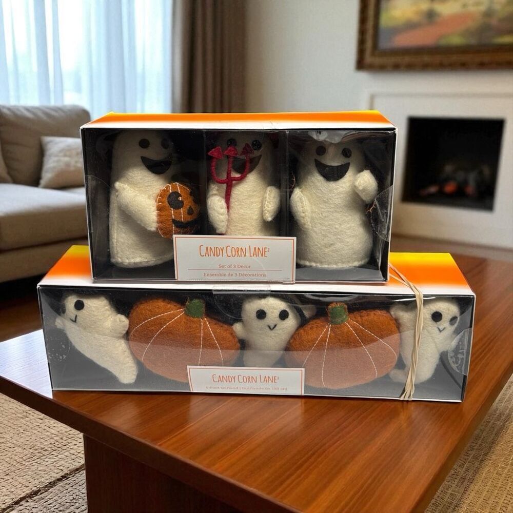 Candy Cane Lane Set of 2 Felt Ghost and Pumpkin Halloween Decorations